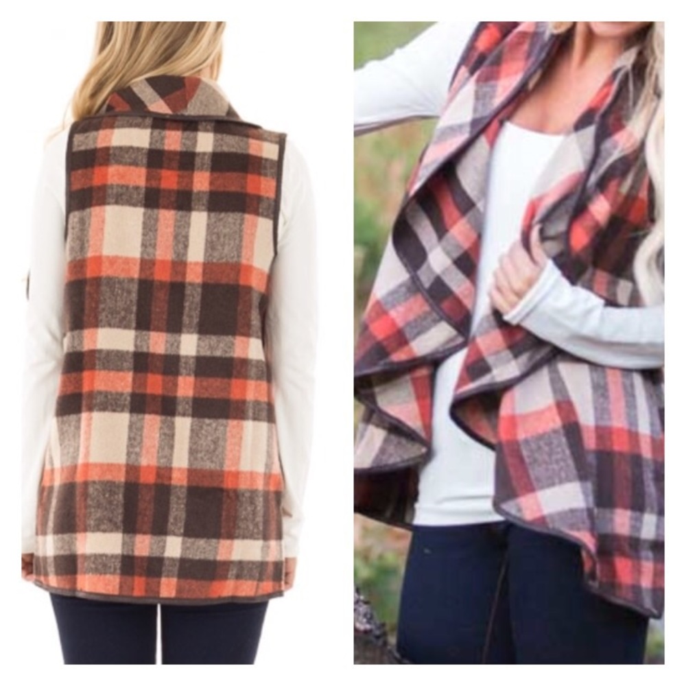 Brown & red plaid vest with pocket - Picture 2 of 2